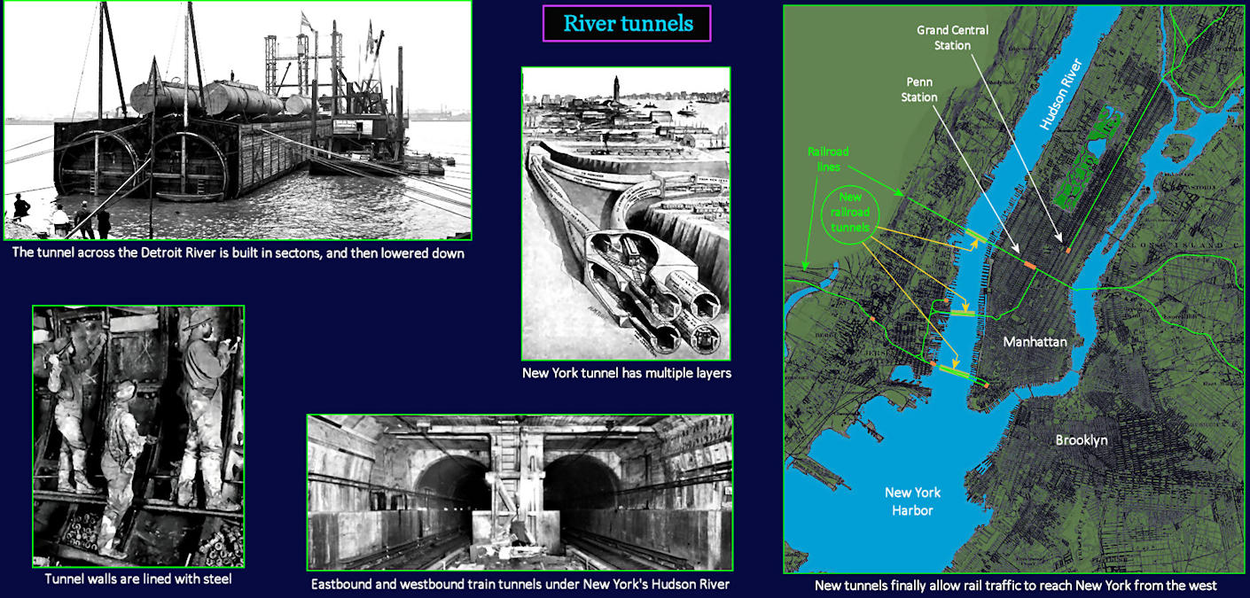 Railroad river tunnels, 1920s map